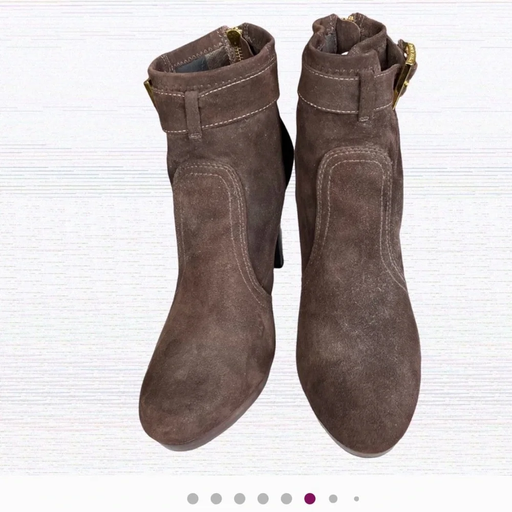 Tory Burch Melrose Chocolate Suede Heel Ankle Boots W/Gold Buckle Size 11 - Picture 4 of 9